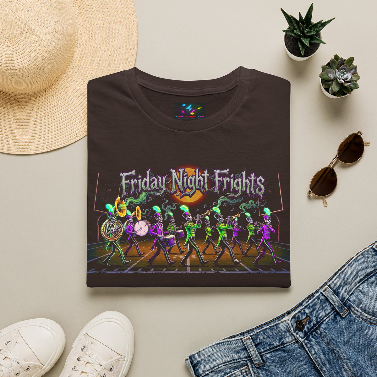 Friday Night Frights Halloween T-Shirt — Neon Skeleton Parade Tee