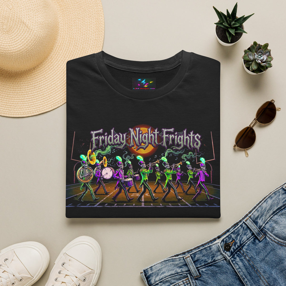 Friday Night Frights Halloween T-Shirt — Neon Skeleton Parade Tee
