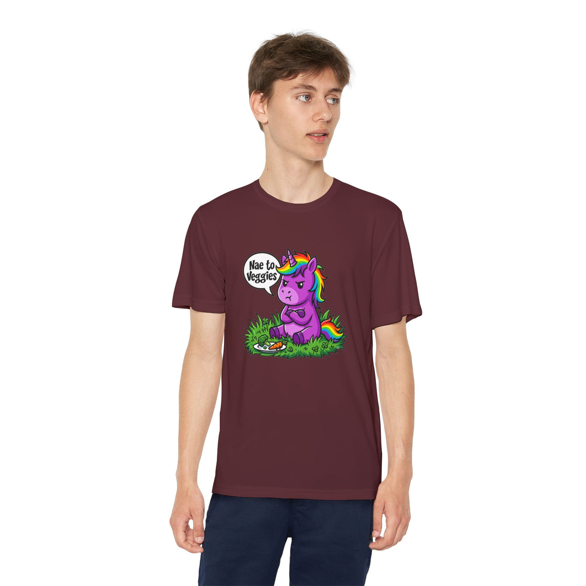 Youth T-Shirt — Purple Unicorn Saying "Nae to Veggies" Cute Kids Graphic Tee