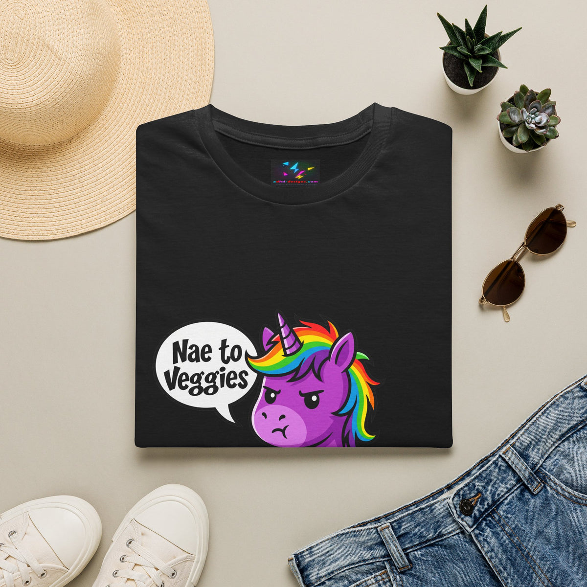 Unicorn T-Shirt — "Nae to Veggies" Funny Rainbow Unicorn Tee