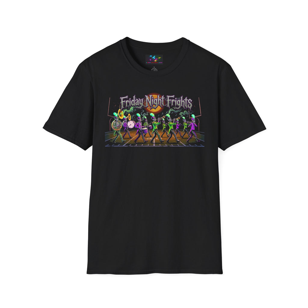 Friday Night Frights Halloween T-Shirt — Neon Skeleton Parade Tee