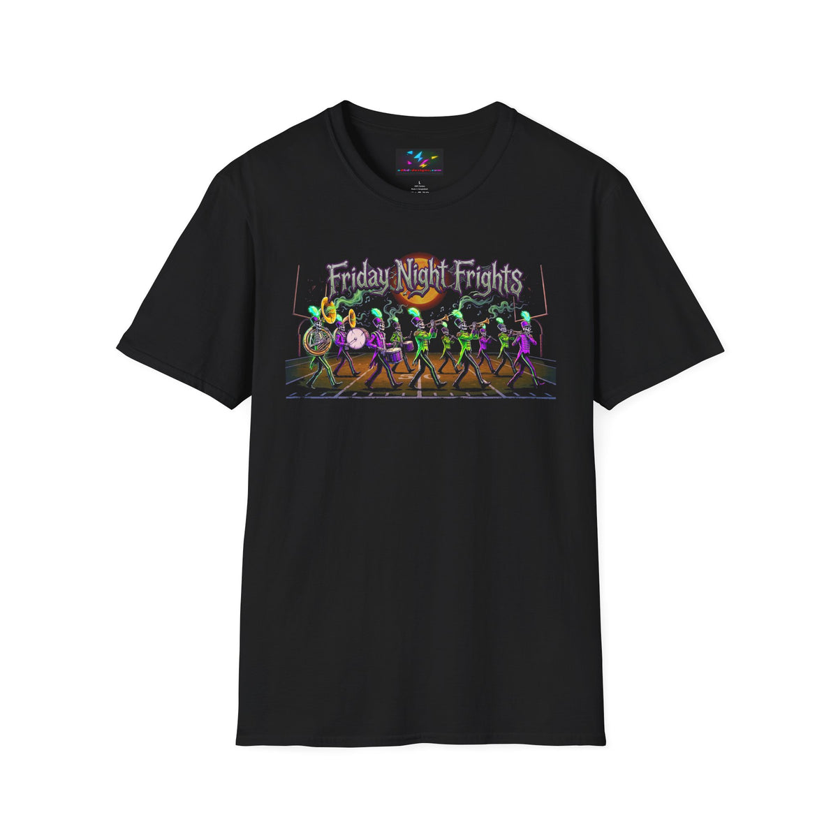 Friday Night Frights Halloween T-Shirt — Neon Skeleton Parade Tee