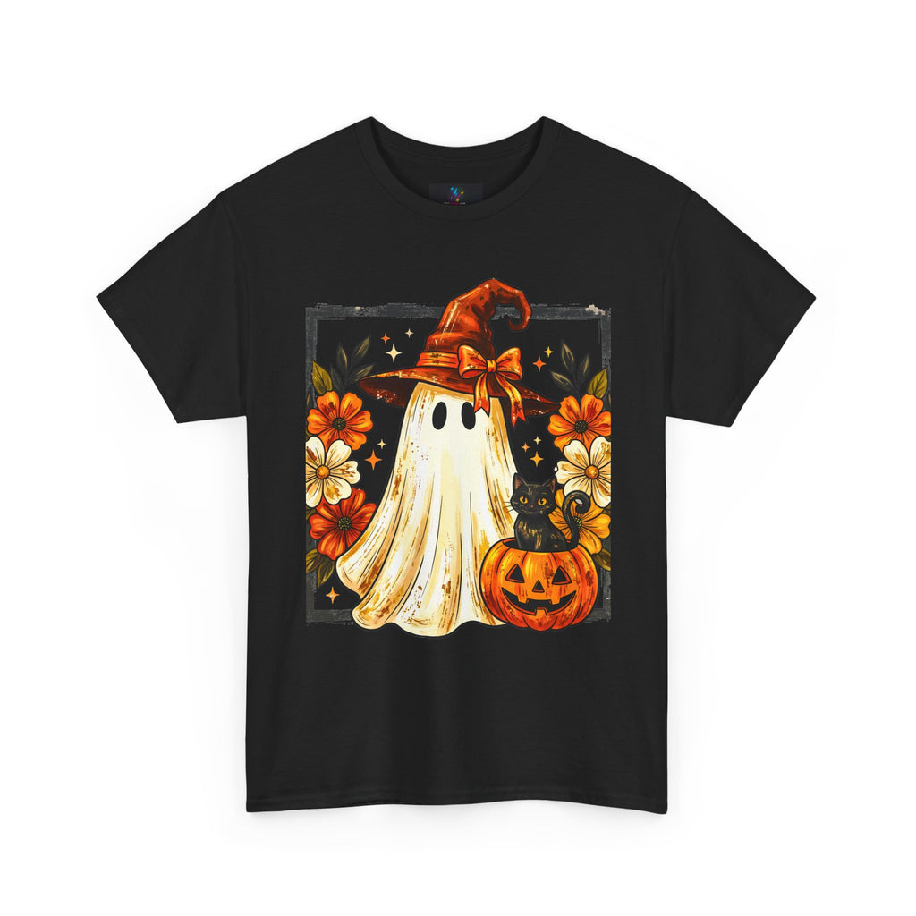Cute Halloween Ghost T-Shirt — Ghost in Witch Hat with Pumpkin & Black Cat