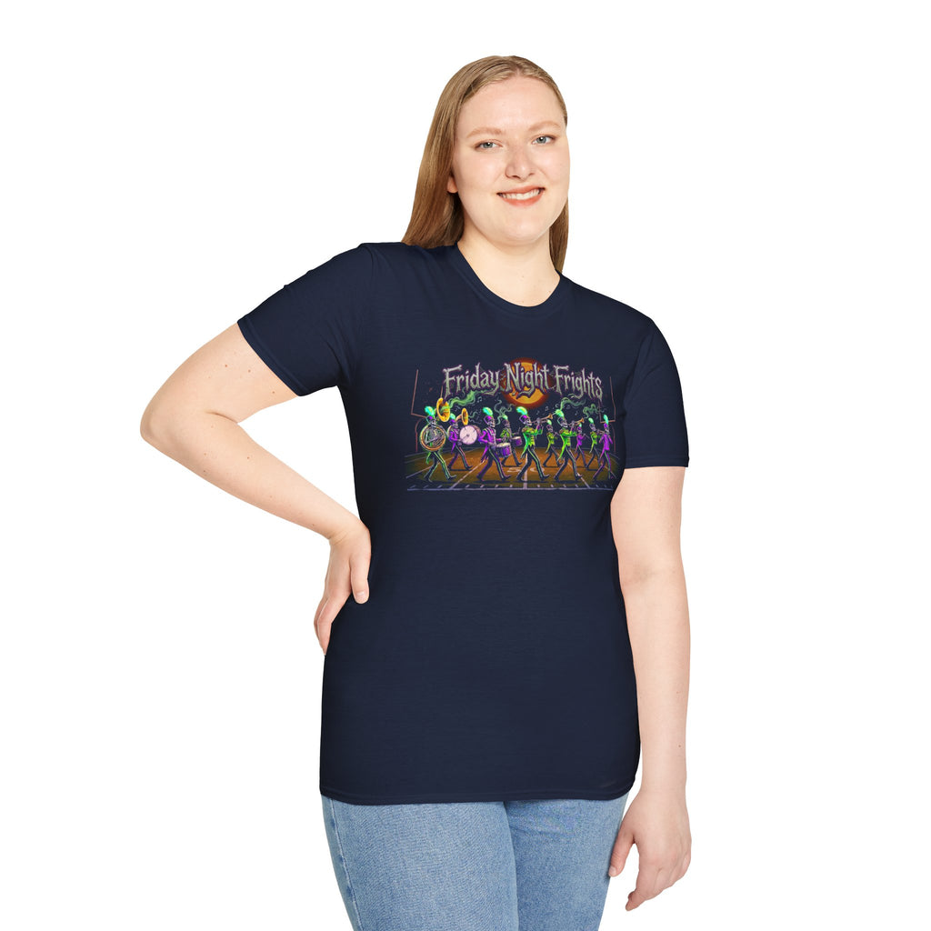 Friday Night Frights Halloween T-Shirt — Neon Skeleton Parade Tee