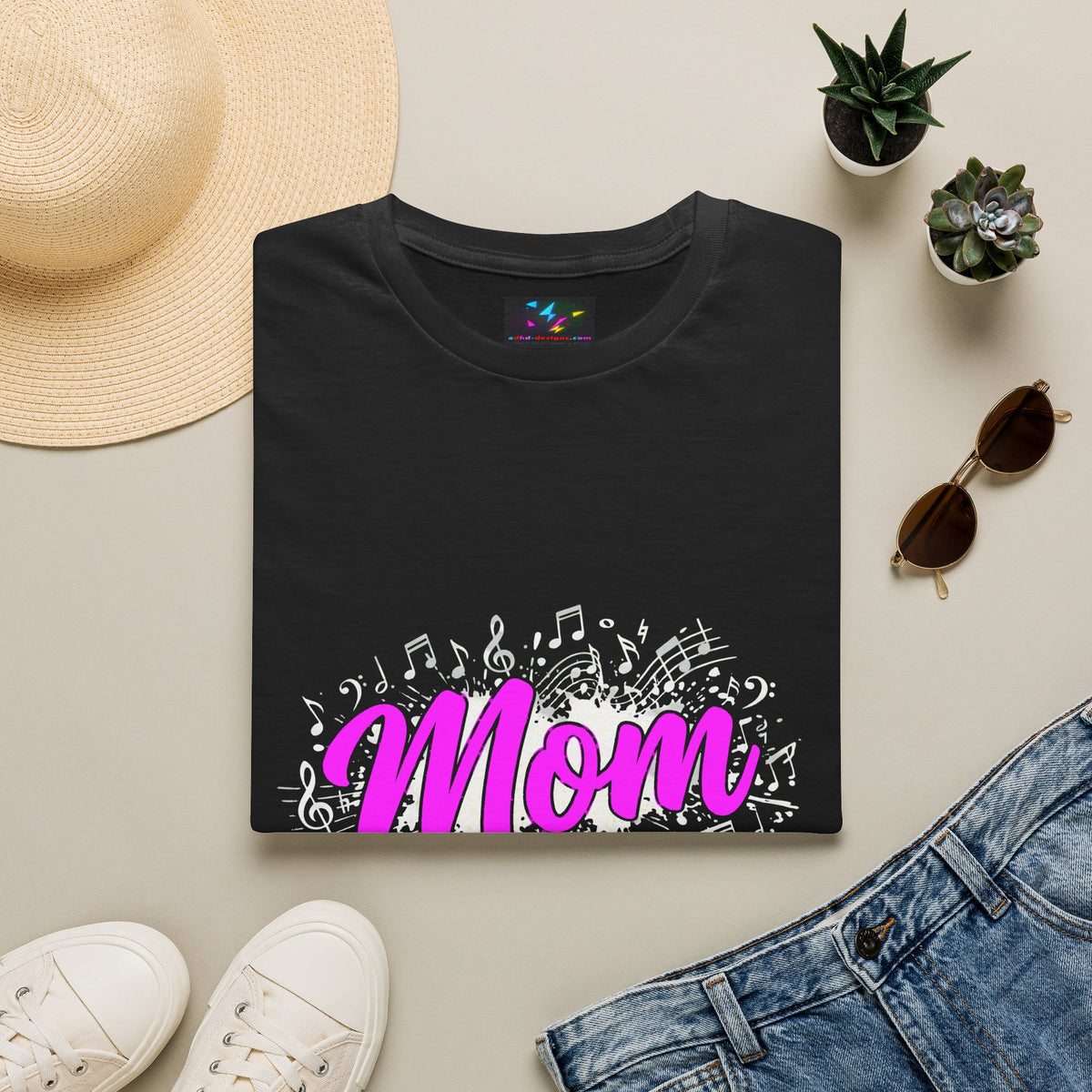 Mom Rock Band T-Shirt — 'Mom' Pink Script with Musical Notes (Rockin' the Band Life)