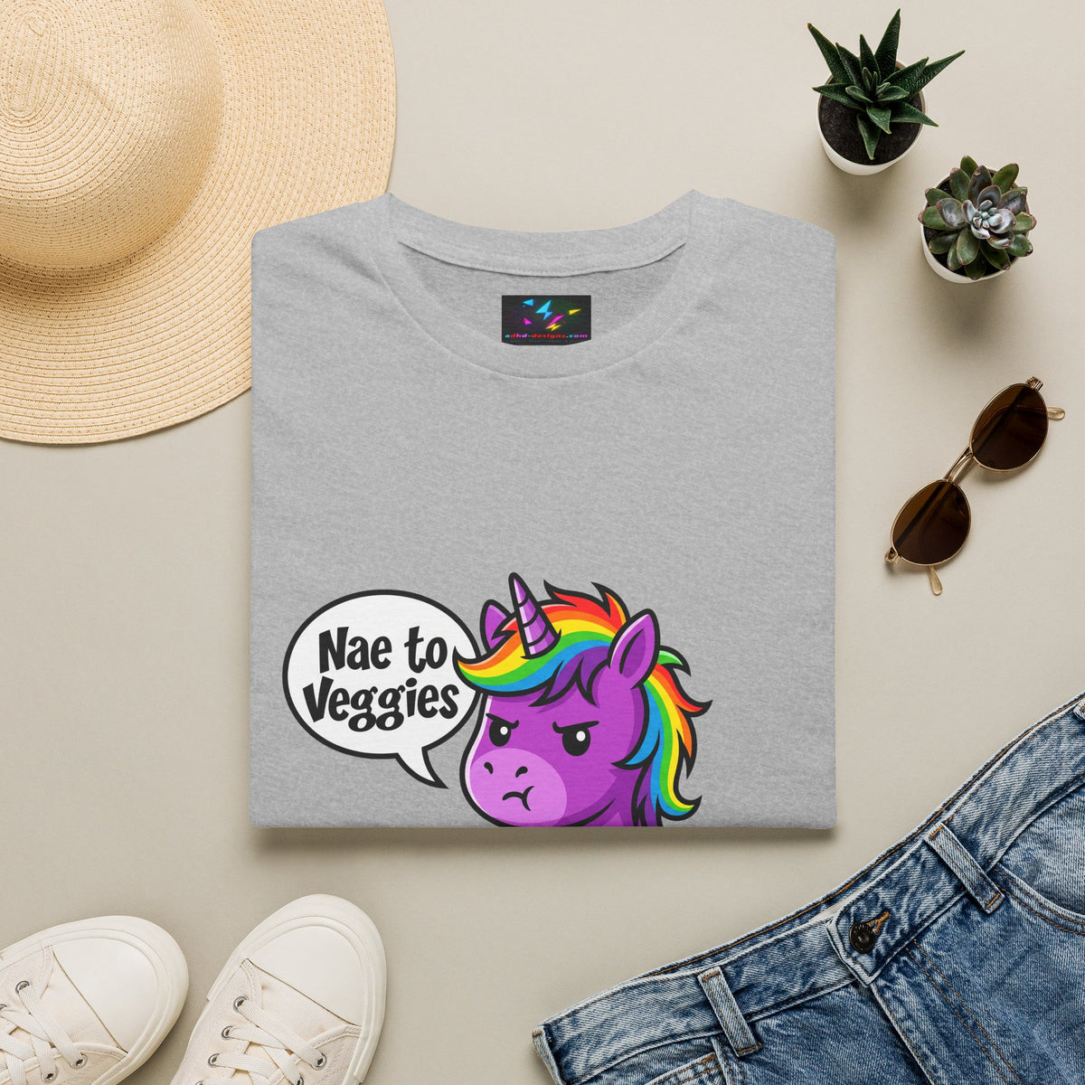 Unicorn T-Shirt — "Nae to Veggies" Funny Rainbow Unicorn Tee