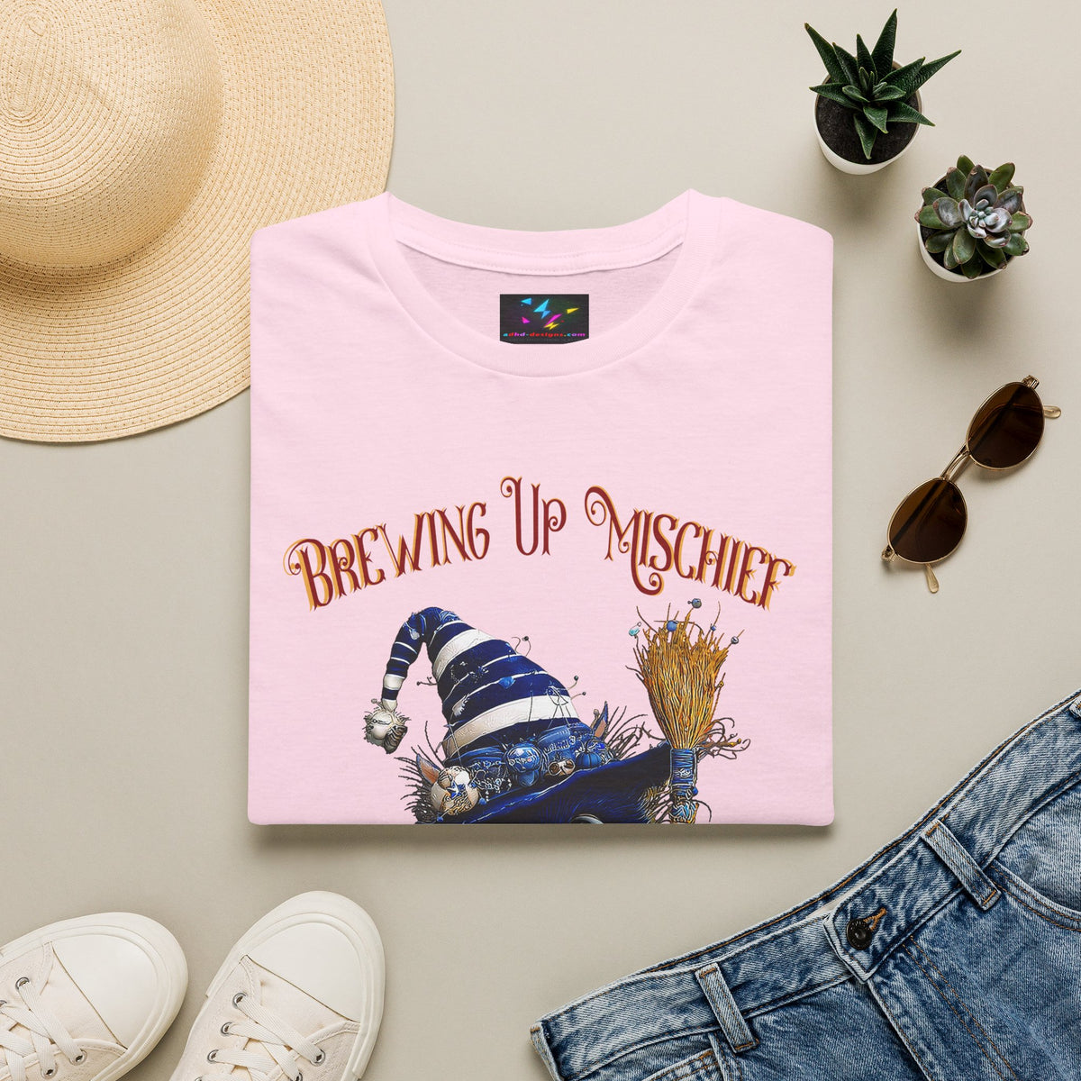 Brewing Up Mischief T-Shirt — Cute Witch Cat Halloween Tee