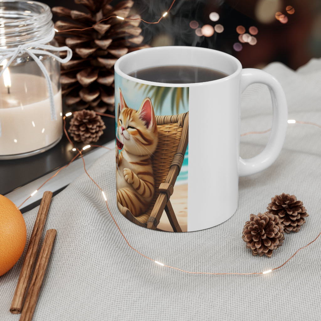 Mug - Relaxing Cat on Beach with Wine Coffee Cup