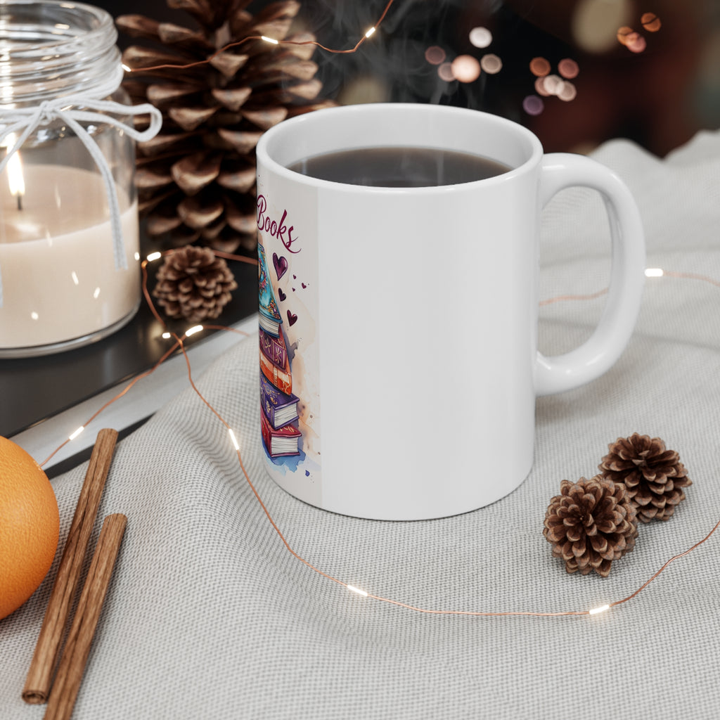 Love Books Ceramic Mug — Stack of Heart-Decorated Books Coffee Cup