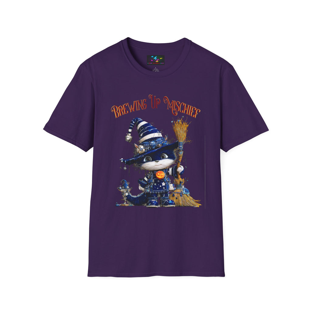 Brewing Up Mischief T-Shirt — Cute Witch Cat Halloween Tee