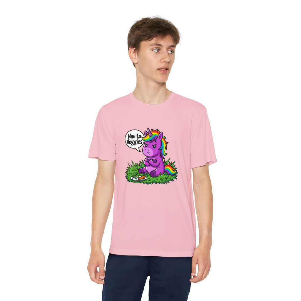Youth T-Shirt — Purple Unicorn Saying "Nae to Veggies" Cute Kids Graphic Tee