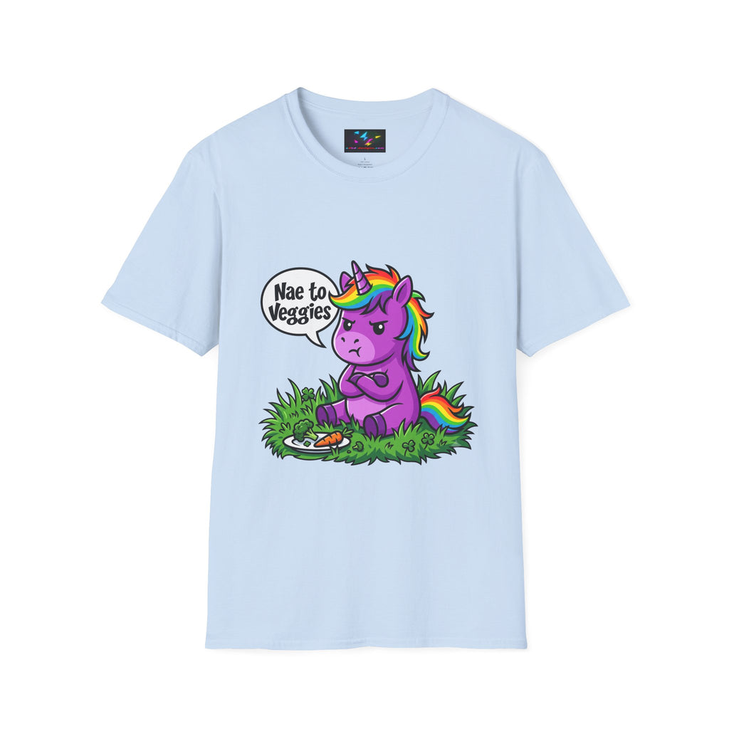 Unicorn T-Shirt — "Nae to Veggies" Funny Rainbow Unicorn Tee