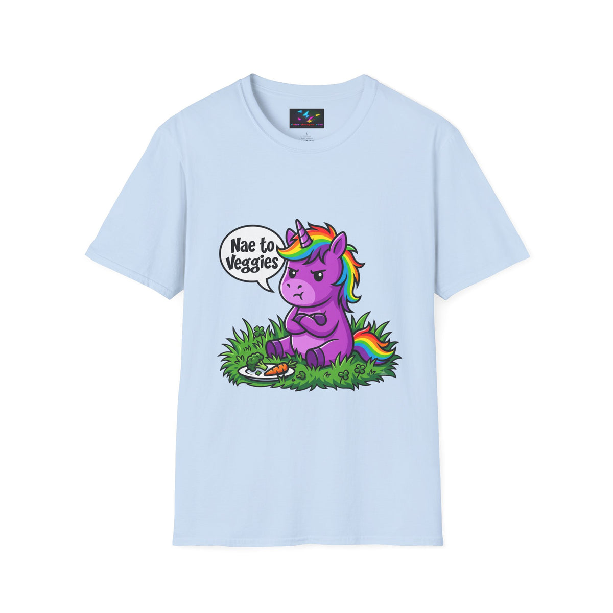 Unicorn T-Shirt — "Nae to Veggies" Funny Rainbow Unicorn Tee