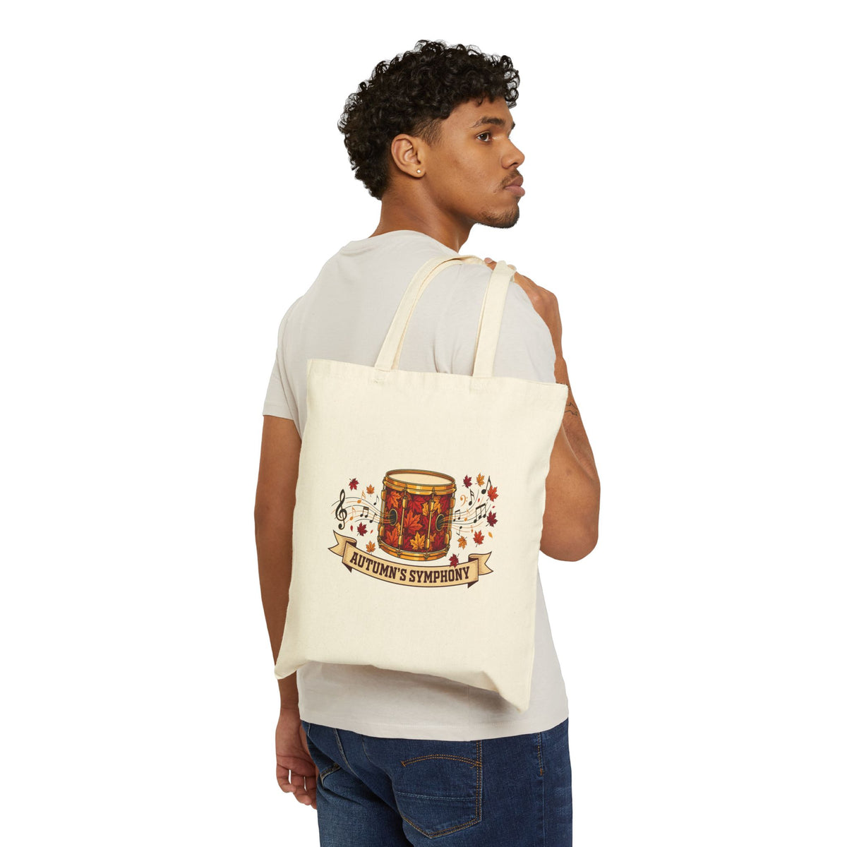 Autumn's Symphony Canvas Tote — Fall Leaves Drum Design