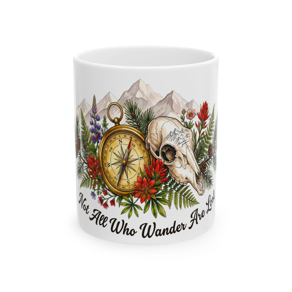 Adventure Compass Ceramic Mug — "Not All Who Wander Are Lost" Coffee Cup