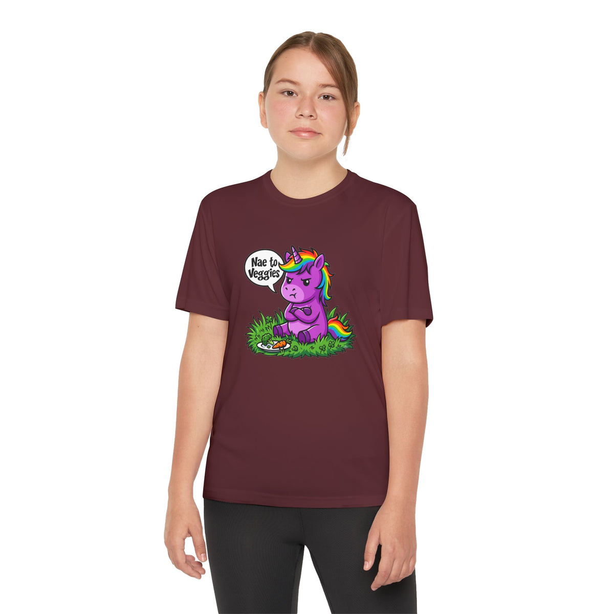 Youth T-Shirt — Purple Unicorn Saying "Nae to Veggies" Cute Kids Graphic Tee