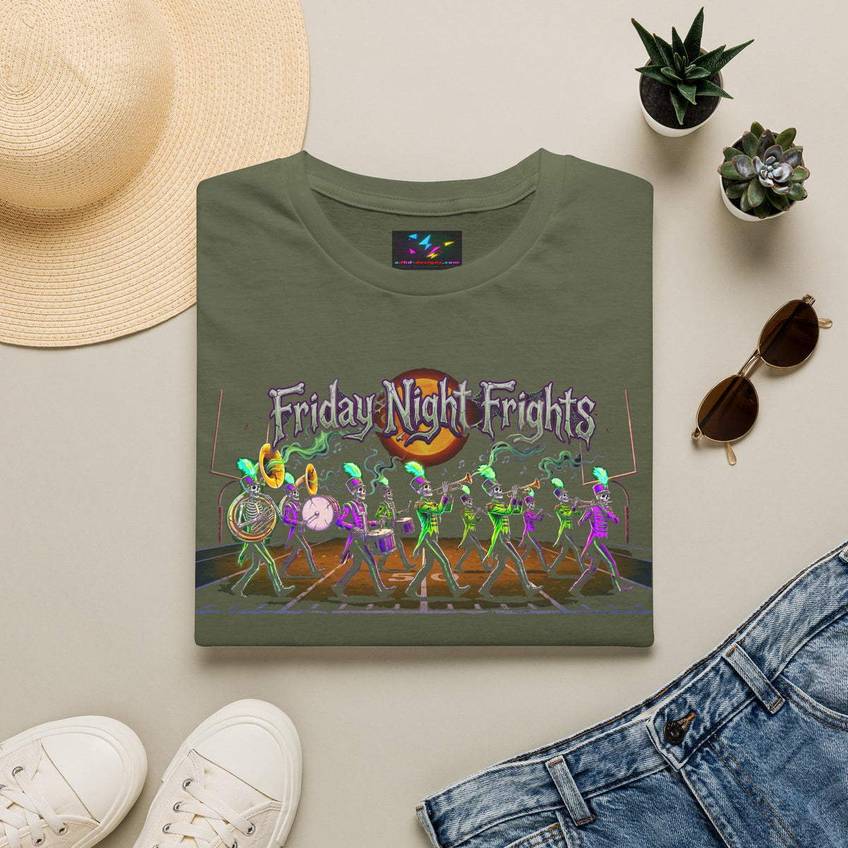 Friday Night Frights Halloween T-Shirt — Neon Skeleton Parade Tee