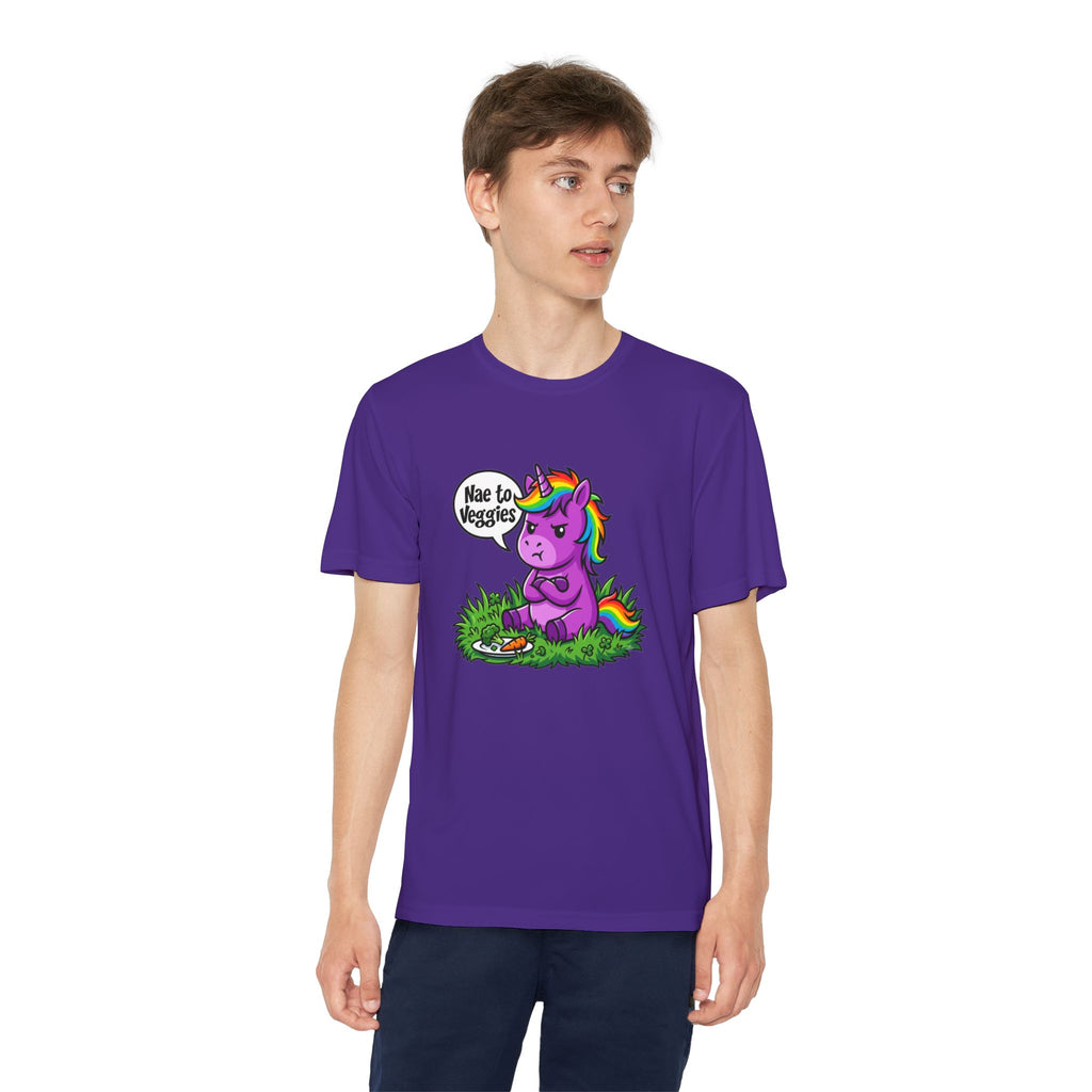 Youth T-Shirt — Purple Unicorn Saying "Nae to Veggies" Cute Kids Graphic Tee