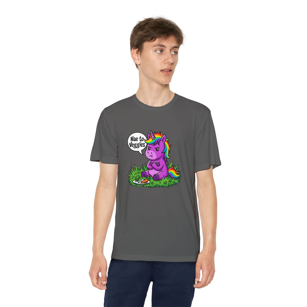 Youth T-Shirt — Purple Unicorn Saying "Nae to Veggies" Cute Kids Graphic Tee