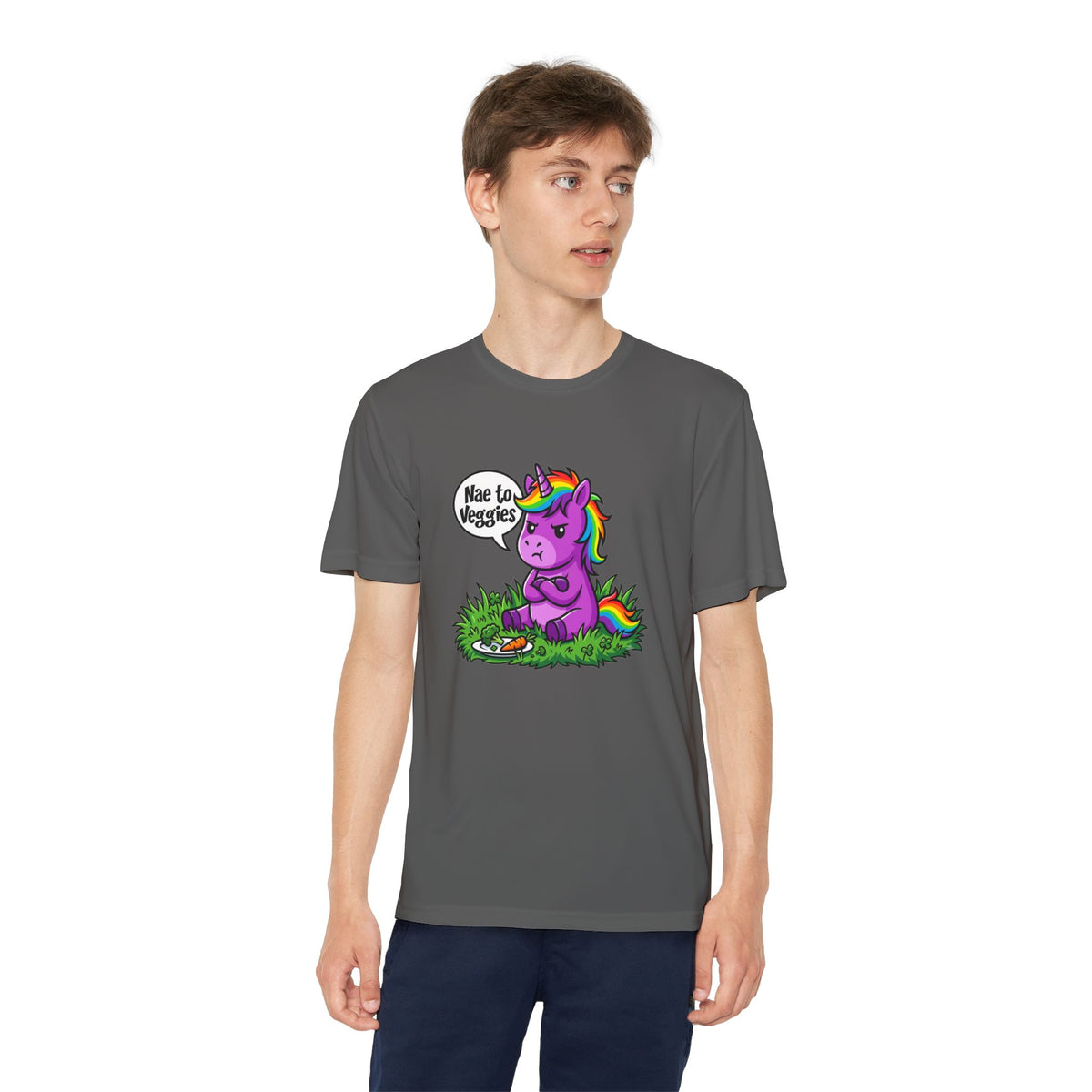 Youth T-Shirt — Purple Unicorn Saying "Nae to Veggies" Cute Kids Graphic Tee