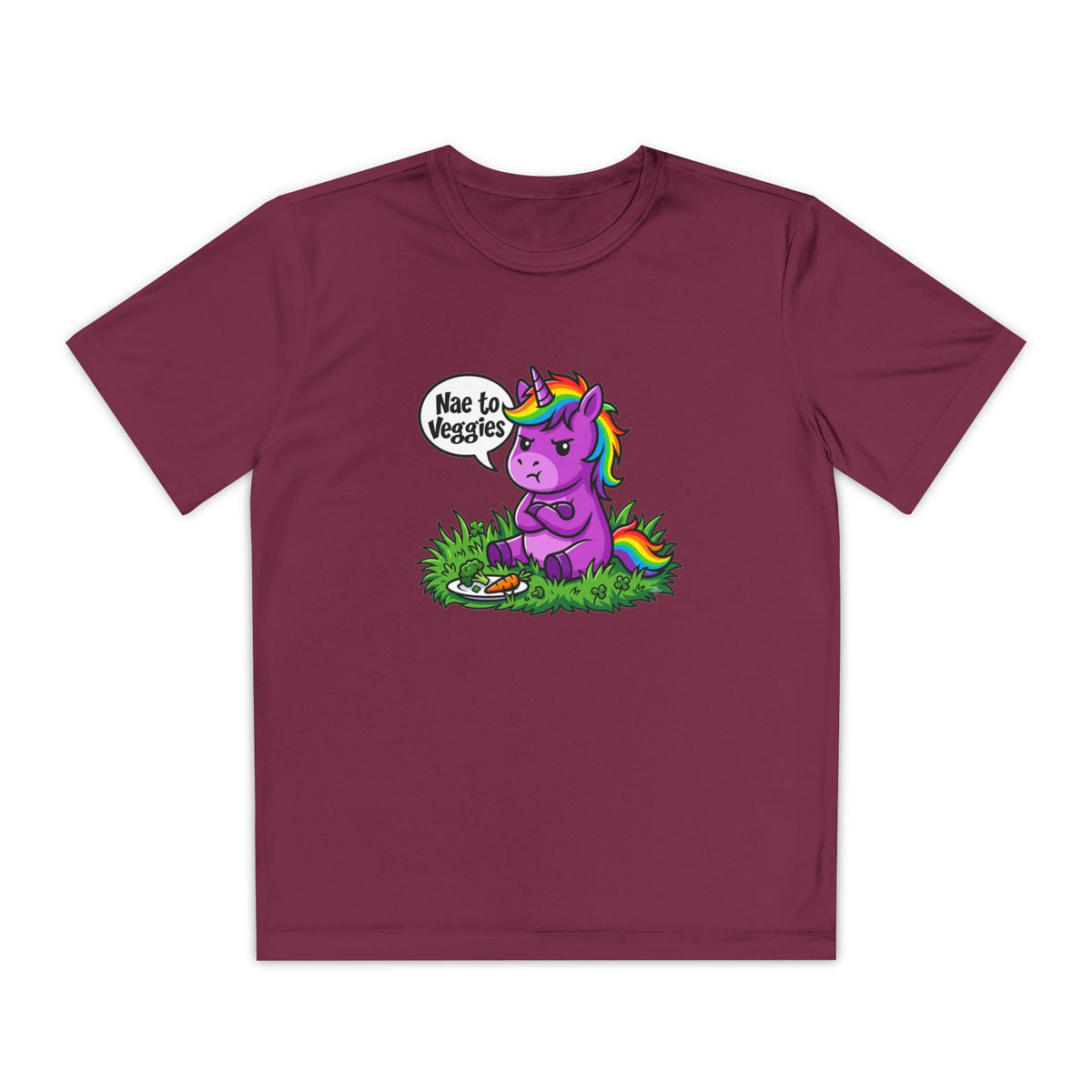 Youth T-Shirt — Purple Unicorn Saying "Nae to Veggies" Cute Kids Graphic Tee