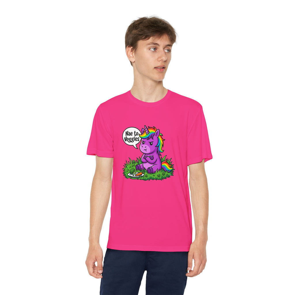Youth T-Shirt — Purple Unicorn Saying "Nae to Veggies" Cute Kids Graphic Tee