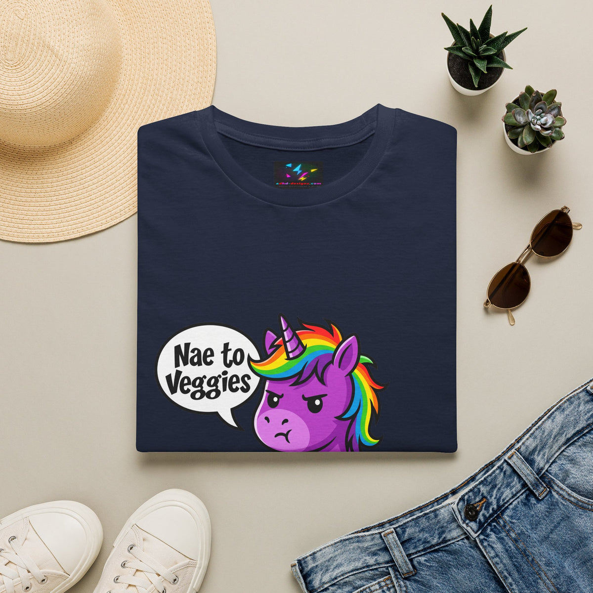 Unicorn T-Shirt — "Nae to Veggies" Funny Rainbow Unicorn Tee