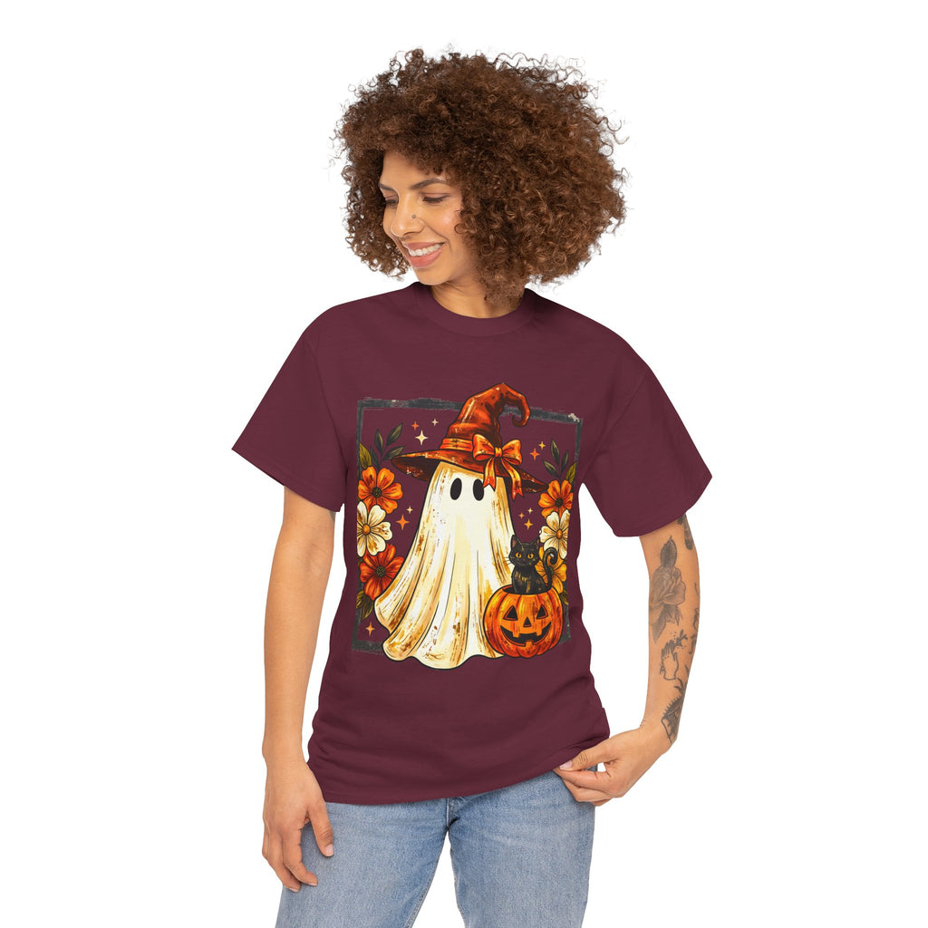 Cute Halloween Ghost T-Shirt — Ghost in Witch Hat with Pumpkin & Black Cat