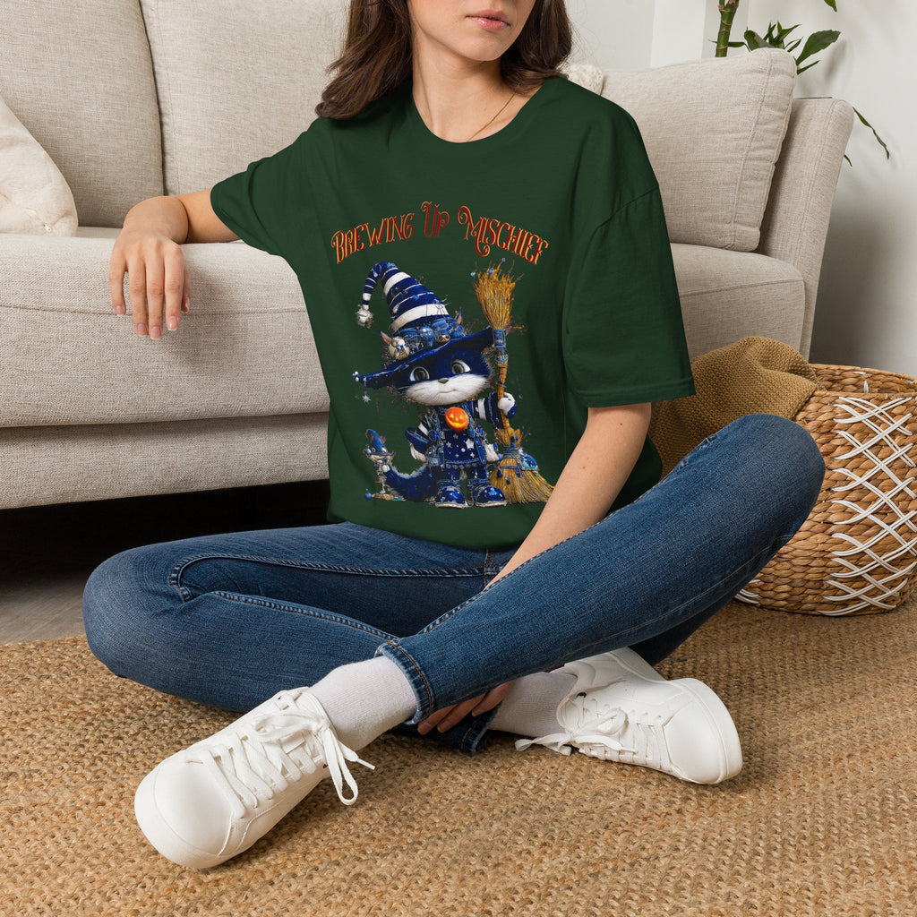 Brewing Up Mischief T-Shirt — Cute Witch Cat Halloween Tee
