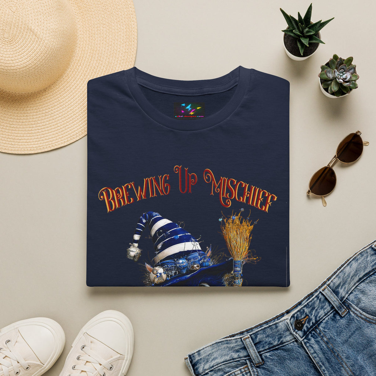 Brewing Up Mischief T-Shirt — Cute Witch Cat Halloween Tee