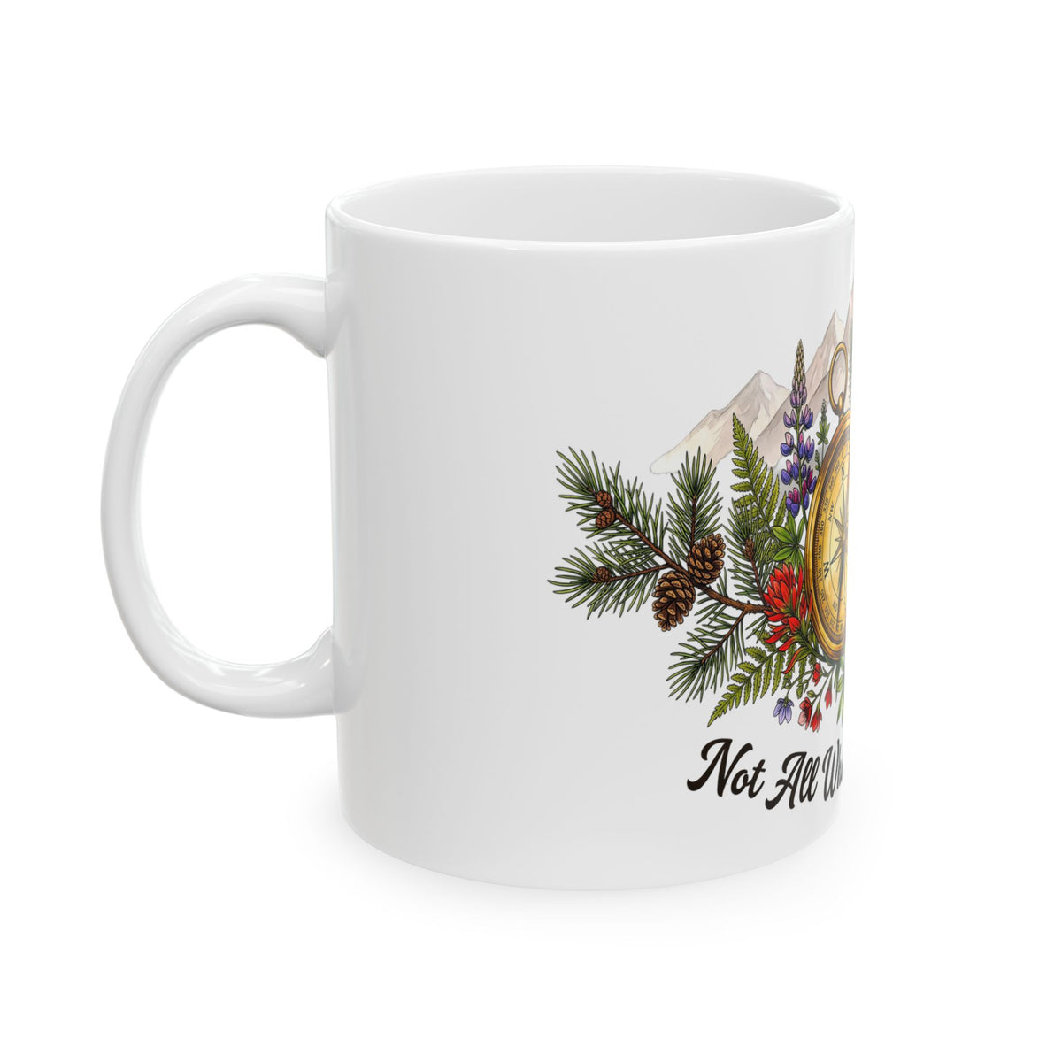 Adventure Compass Ceramic Mug — "Not All Who Wander Are Lost" Coffee Cup