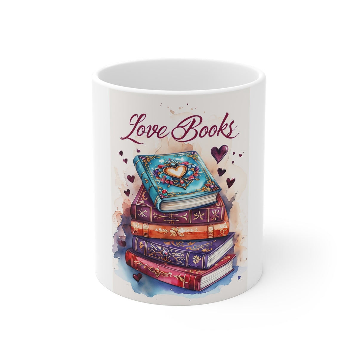 Love Books Ceramic Mug — Stack of Heart-Decorated Books Coffee Cup