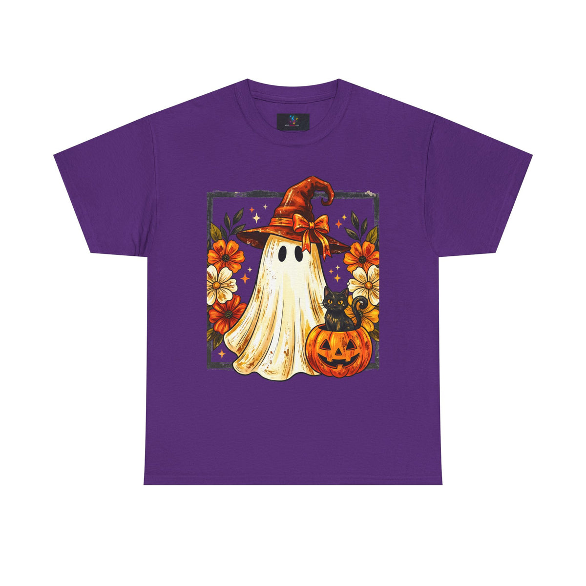 Cute Halloween Ghost T-Shirt — Ghost in Witch Hat with Pumpkin & Black Cat