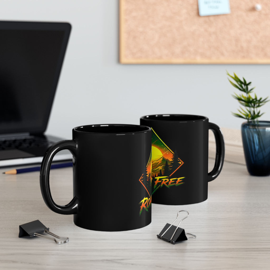 Roam Free Mountain Sunrise Black Mug — Adventure Camper Coffee Cup