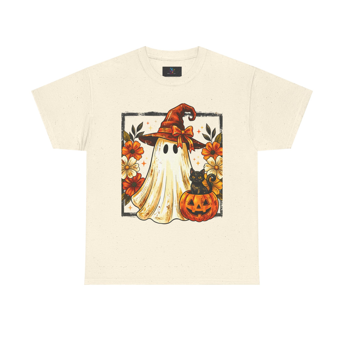 Cute Halloween Ghost T-Shirt — Ghost in Witch Hat with Pumpkin & Black Cat