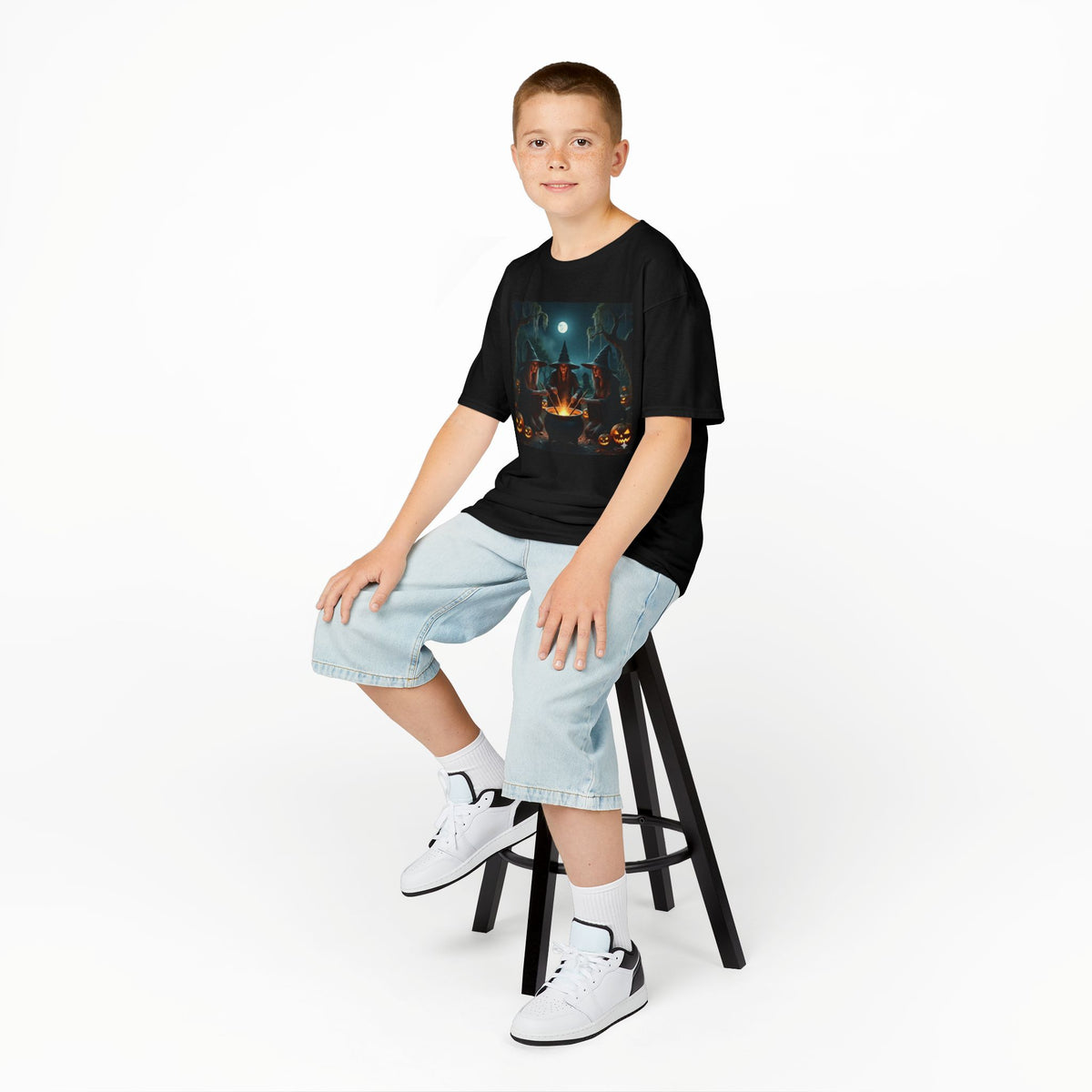 Kids Halloween Witch Campfire T‑Shirt — Spooky Pumpkin Night Tee