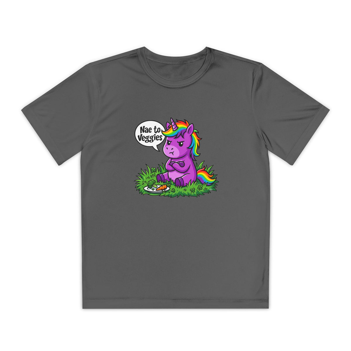 Youth T-Shirt — Purple Unicorn Saying "Nae to Veggies" Cute Kids Graphic Tee