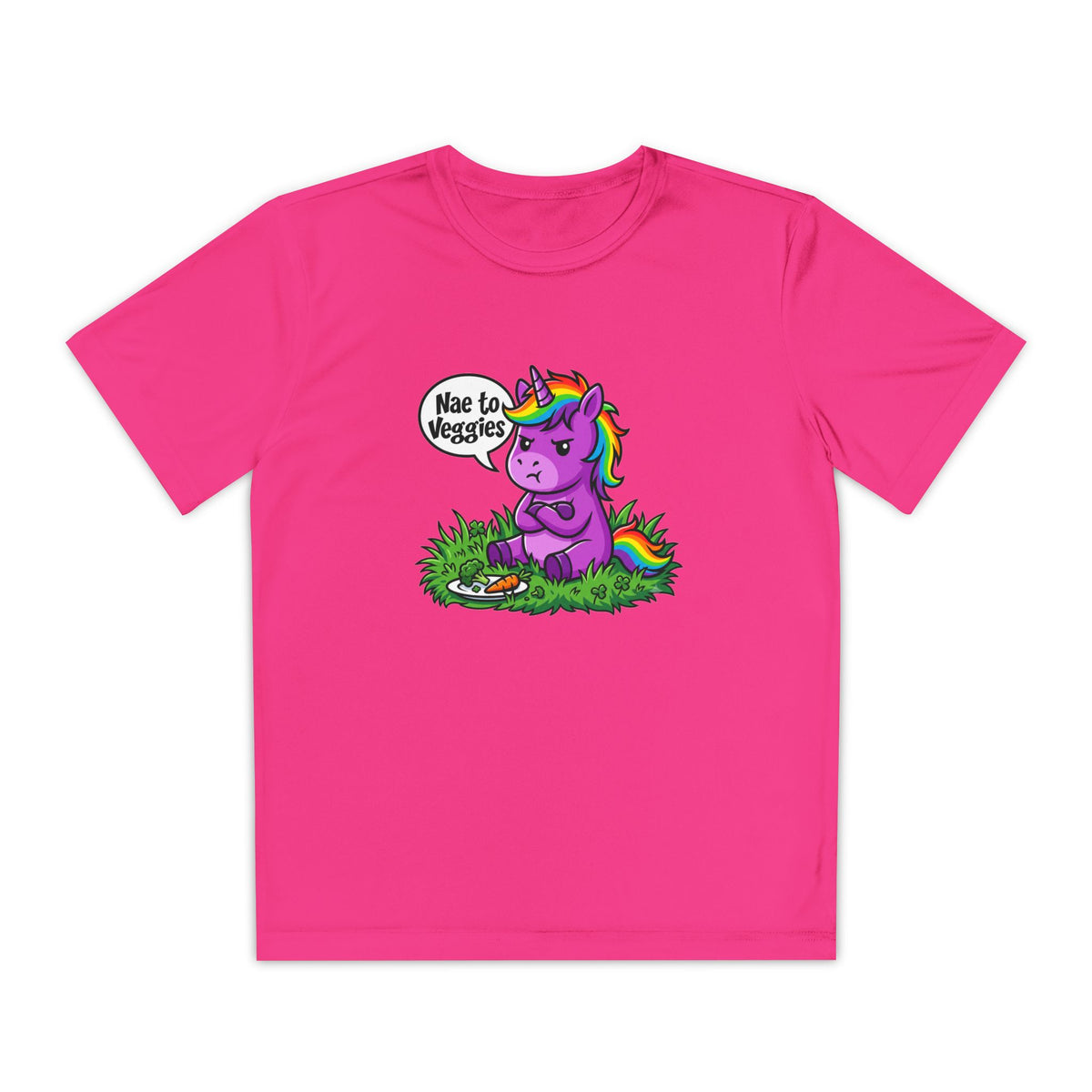 Youth T-Shirt — Purple Unicorn Saying "Nae to Veggies" Cute Kids Graphic Tee