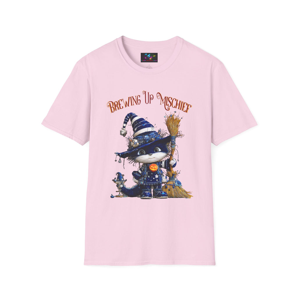 Brewing Up Mischief T-Shirt — Cute Witch Cat Halloween Tee