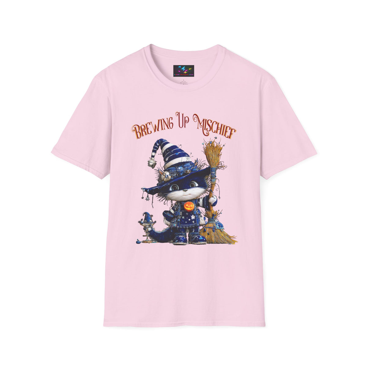 Brewing Up Mischief T-Shirt — Cute Witch Cat Halloween Tee
