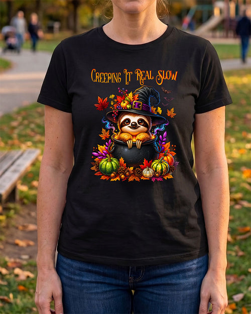 Creeping It Real Slow Sloth Witch Halloween T-Shirt